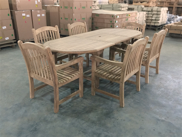 Liverpool Oval Teak Table Set w/ 6 Sumbawa Arm Chairs (170cm x 100cm - Extends to 230cm)
