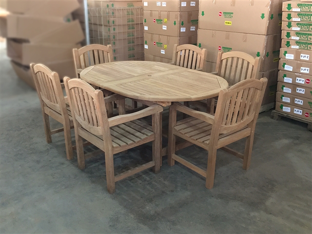 Kalimantan Oval Double Extension Teak Table 180cm Regular To 240cm w/ Extension x 120cm Width Set w/ 6 Manchester Arm Chairs