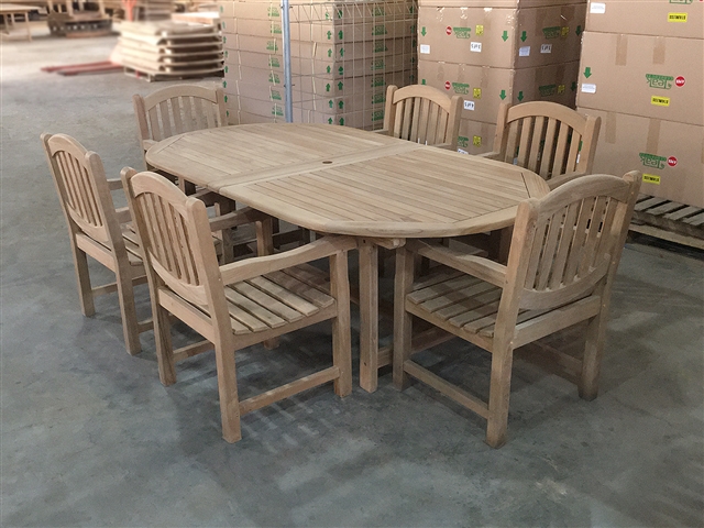 Kalimantan Oval Double Extension Teak Table 220cm Regular To 300cm w/ Extension x 120cm Width Set w/ 6 Manchester Arm Chairs