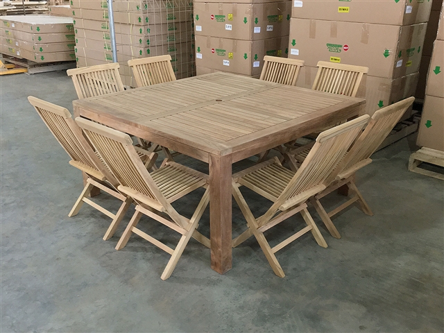 150cm/59" Rinjani Teak Square Table SET w/ 8 Shelia Premium Folding Chairs