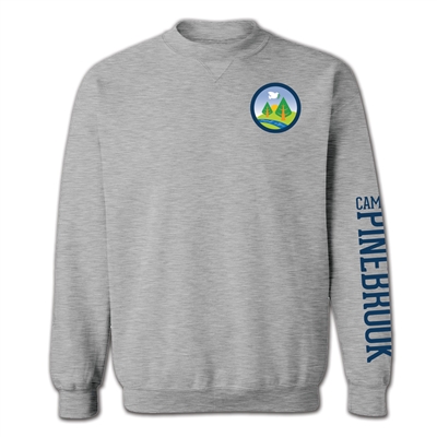 Classic Crew Sweatshirt made of 8 oz. blend of poly/cotton jersey. Printed with Camp Pinebrook logo left chest and Camp Pinebrook wordmark on left sleeve.