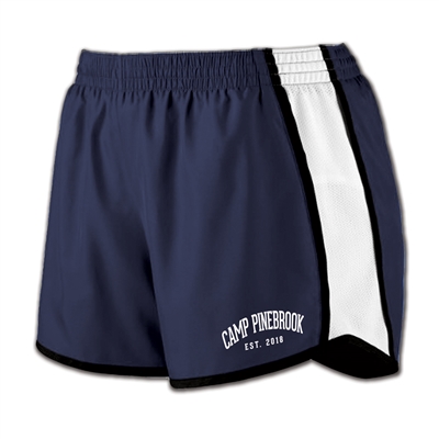 100% polyester vintage track shorts for ladies. Printed with Camp Pinebrook est. wordmark.