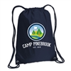 210-denier polyester cinch backpack. Printed with Camp Pinebrook logo.