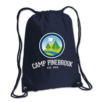 210-denier polyester cinch backpack. Printed with Camp Pinebrook logo.