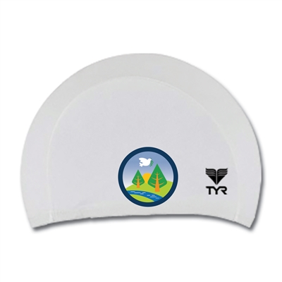 Lycra swim cap. Printed with Camp Pinebrook logo.