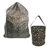 Leopard printed laundry bag and bath caddy.