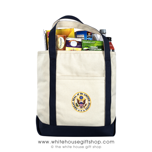 Great Seal of the United States, Presidential Carry Tote Bag, custom Embroidered in the USA, heavy duty canvas bags, shoulder strap, Washington DC visitor carry bags, from official White House Gift Shop Est. 1946 by President Truman memorandum.