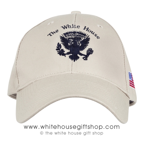 Made in the USA, Presidential Eagle Seal Hat, Cap, Structured Cotton, Khaki, Stone, American Flag Embroidered on side, Velcro Adjustable Strap, Made in America