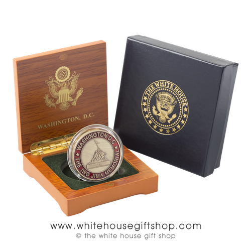 Iwo Jima Memorial Coin in Presentaton Case with Memorial on Front and U.S. Marine Corps Seal on Reverse, 1.5" Diameter, Brass with Baked Enamels. From Official White House Gift Shop Est. by Presidential Order and U.S. Secret Service Store.