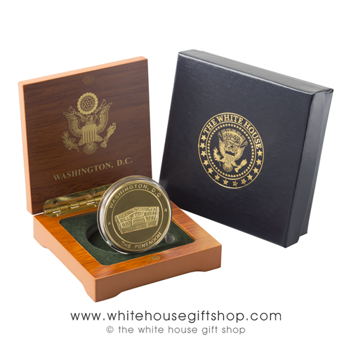 Pentagon Challenge Coin in Wooden Presidential Presentation Case with Seal of the President and the Great Seal of the United States from the Official White House Gift Shop Est. by Order of the President and U.S. Secret Service.