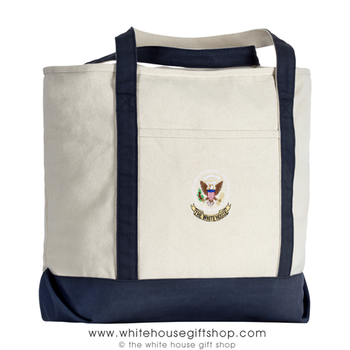 White House American Eagle, USA Embroidered, Zippered , Shoulder Strap, Canvas Tote Shopping Bag
