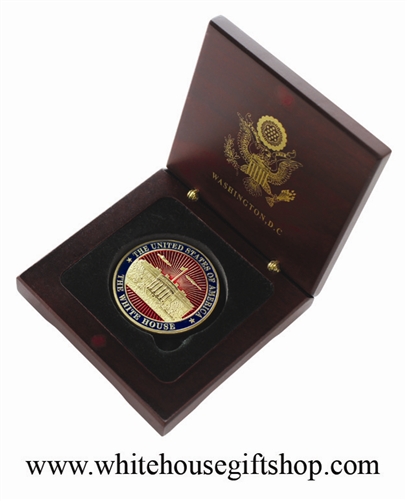 The White House Presidential Commemorative Gold Coin in Wood Presentation Case Features Minted Raised White House on Coin's Front and Great Seal of the United States on Reverse. Official White House Gift Shop. Design by artist Anthony Giannini.