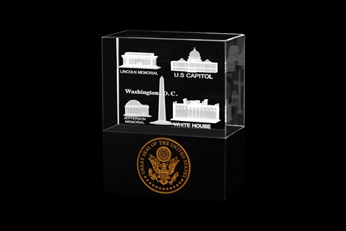 The White House and National Memorials Glass Statue, Display or Paperweight, Optical Glass Holograms, Solid Black Base, 4 3/4" x 2" W, Elegant Two Piece Gift Box With Tissue, White House Gift ShopÂ® official seal and certificate of authenticity.