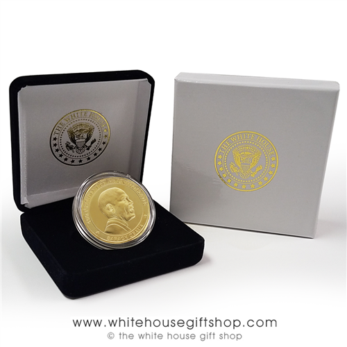 Barack Obama Challenge Coin, Presidential Seal on rear, in custom velvet coin case and outer White House 2-piece presentation gift box with White House Presidential Eagle Seal on both boxes, premium item from official White House Gift Shop since 1946.