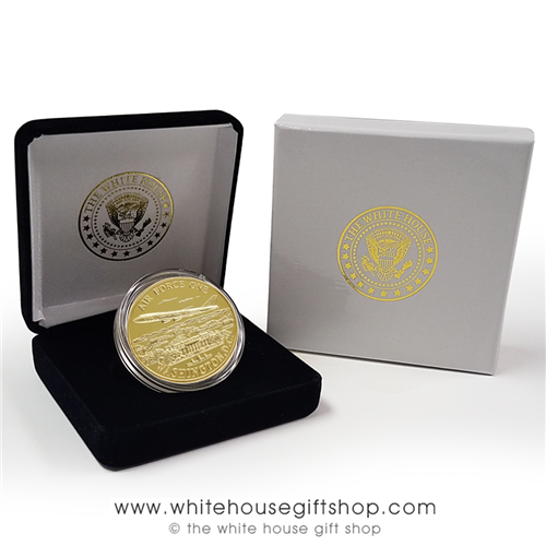 Air Force One Coins, high quality copper core, gold challenge coin, in velvet display case and White House Seal of President 2-Piece presentation gift box, from original official White House Gift Shop since 1946.