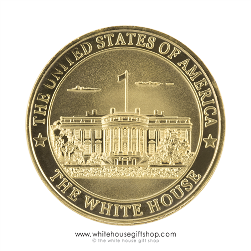Quality Gold White House Challenge Coin, Presidential Seal on back of coins, premium copper core, gold, blue, red, in custom Velvet Case, White House Custom gold imprint on velvet case and outer presentation case, Official White House Gift Shop est 1946.