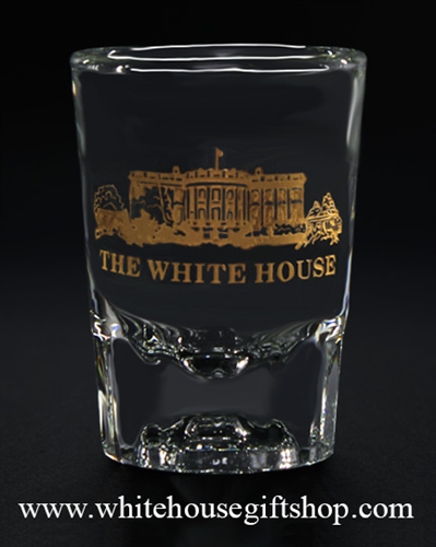 The White House Gold Etched Shot Glass, custom from the White House Gift Shop Presidential Glass collection.