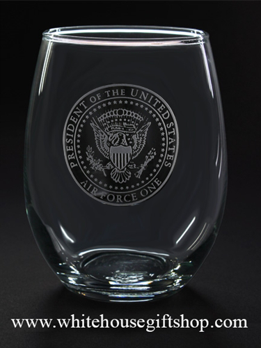 White House Glassware Sets,  Presidential Seal,,Etched ,Set of 2 Stemless Wine Drinking Glasses from White House Gift Shop Est 1946, Made and Etched in America, Made in USA