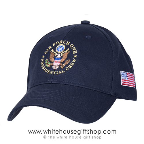 Air Force One Presidential Crew Hat, Hats, Caps, Made in USA, 100% Cotton, made in America, USA Flag on Side, President Trump, White House official gift shop, military and Washington DC gifts,