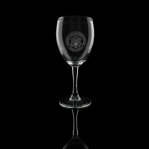 Presidential Air Force One wine glass set of 2, with clear permanent etch of the Seal of the President and AF1, American made lead free glasses, custom designed for the original official White House Gift Shop, since 1946.