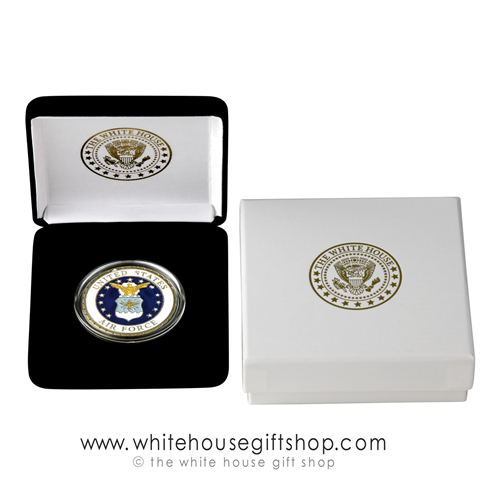 USAF, Air Force Challenge Coin, Velvet Display Case, Presentation Gift Box, Custom White House Gold Seal imprints on boxes, upgraded protective plastic case for coin, engravable, military, veteran gift.