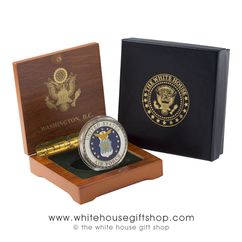 Air Force Challenge Coin, USAF, Brass & Enamel in Wood Presentation Case