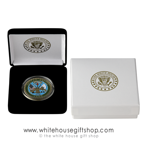 Army USA Challenge Coins, Single 1.5" Diameter Coin, White House Velvet Display Case, Premium 2-Piece Outer Presentation Gift Box, bronze and color enamel finish, Army Seal, from Official White House Gift Shop started by Secret Service Uniformed Division.