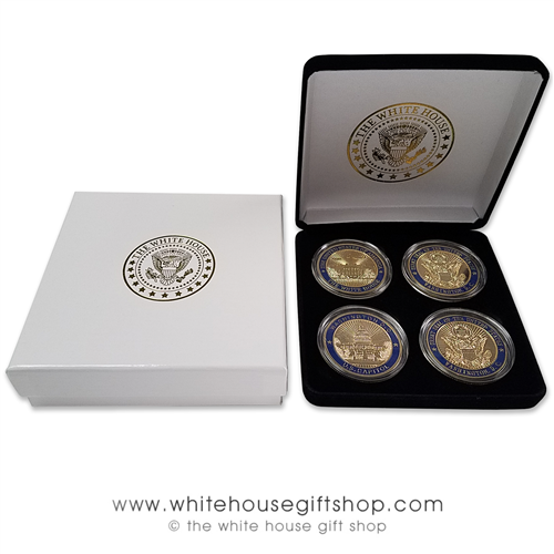 Coins, The White House & United States Capitol Building, Great Seal on Reverse of Coins, 4 Coin Set, Black Velvet Display and Presentation Case, Front & Reverse of Coins are Displayed, 1.5" Diameter, Premium Copper Core Detailed Gold Plated & Blue Enamels