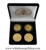 Coins, The White House & United States Capitol Building, Great Seal on Reverse of Coins, 4 Coin Set, Black Velvet Display and Presentation Case, Front & Reverse of Coins are Displayed, 1.5" Diameter, Gold Plated & Blue Enamels