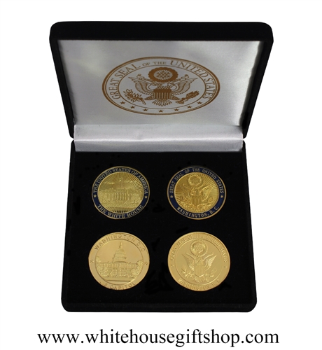 Coins, The White House & United States Capitol Building, Great Seal on Reverse of Coins, 4 Coin Set, Black Velvet Display and Presentation Case, Front & Reverse of Coins are Displayed, 1.5" Diameter, Gold Plated & Blue Enamels