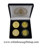 Coins, President Barack Obama & The White House, Presidential Seal on Reverse of Obama Coin, Great Seal on Reverse of White House Coin, 4 Coins, Black Velvet Display & Presentation Case, Gold Plated & Blue Enamels, 1.5" Diameter