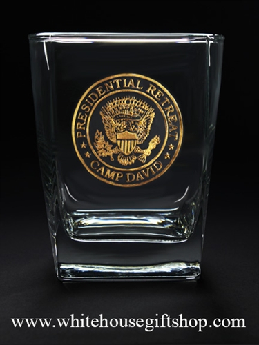 Glassware, Camp David Presidential Retreat Glass, Double Old Fashioned Glass, One Glass, 14 Ounces, Boxed with White House Gift Shop, Est. 1946 Official Seal, Made in the USA, Gold Etch