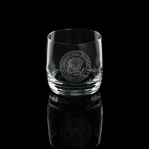 Camp David White House Presidential Retreat etched glasses, 1-.5 ounce glass, on the rocks, made in USA, custom President style gifts from White House Gift Shop, since 1946