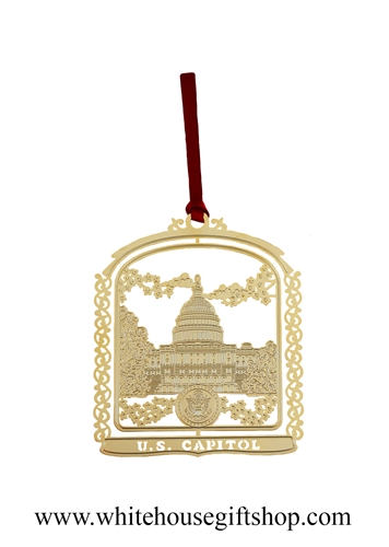 Ornaments, The Capitol Building, Completely Finished in 24KT Gold on Brass, Perfect for Large Group Gifts, Quality Presentation and Affordability, 100% Handmade in the USA!  Holiday Red Windowpane Gift Box with White House Gift Shop Gold Seal on Reverse