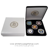 Military Challenge Coin Set, 5 coins, ARMY, NAVY, AIR FORCE, MARINES, COAST GUARD, custom velvet White House Seal coin display case, premium presentation gift box from official White House Gift Shop since 1946, started by the Secret Service of the USA.
