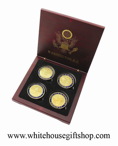 Coins, The White House & United States Capitol Building, Great Seal on Reverse of Coins, 4 Coin Set, Wood Case, Front & Reverse of Coins are Displayed, 1.5" Diameter, Gold Plated & Blue Enamels