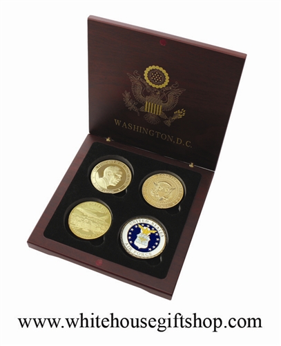 Coins, President Barack Obama, Gold Air Force One, & Pewter Air Force One Coin Set, 4 Coin Set, Wood Case, Front & Reverse of Coins are Displayed, 1.5" Diameter, Gold Finished & Pewter Enamels
