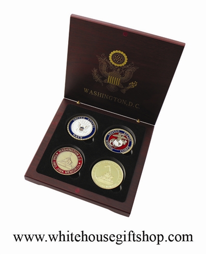 Coins, Navy, Marine Corps, Iwo Jima, & Gold Iwo Jima, Great Seal on Reverse of Gold Coin, 4 Coin Set, Wood Case, 1.5" Diameter, Pewter & Baked Enamels