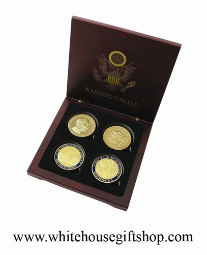 Coins, President Barack Obama & The White House,  Great Seal on Reverse of Coins, 4 Coin Set, Wood Case, Front & Reverse of Coins are Displayed, 1.5" Diameter, Gold Plated & Blue Enamels