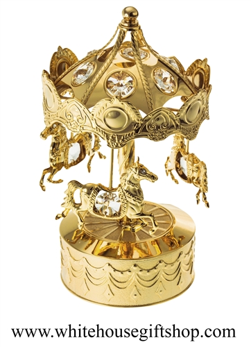 Gold Carousel Horses Music Box with Swarovski Crystals