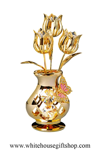 Gold Butterfly Vase of Tulips Table Top Display with SwarovskiÂ® Crystals
