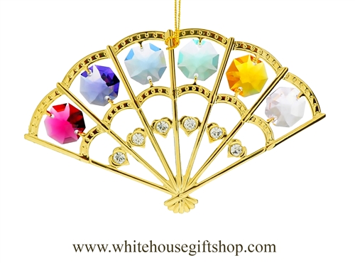 Gold Colored Folding Hand Fan Ornament with Rose, Mint Green, Violet, Sky Blue, Golden Yellow & Clear SwarovskiÂ® Crystals