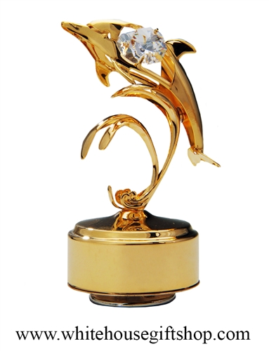 Gold Playful Dolphin With Waves Music Box with SwarovskiÂ® Crystals