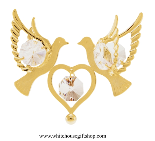 Gold Doves Holding A Heart Ornament with SwarovskiÂ® Crystals