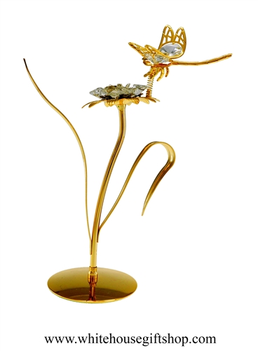 Gold Dragonfly on a Jeweled Flower Table Top Display with SwarovskiÂ® Crystals