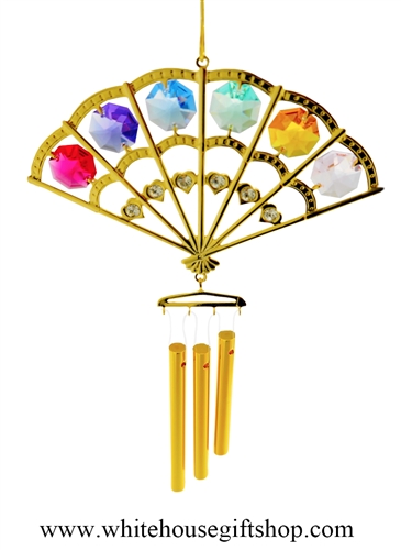 Crystal Gold Folding Fan chime Ornament with Rose Pink, Violet Purple, Sky Blue, Mint Green, Amber Yellow, & Light Pink SwarovskiÂ® Crystals