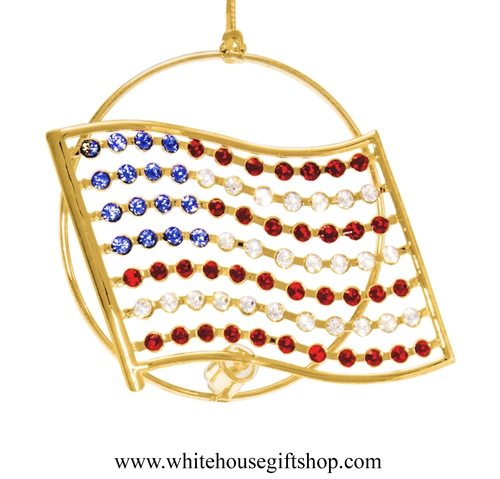 Gold Mini American Flag Circle Ornament with Red, White, Blue SwarovskiÂ® Crystals