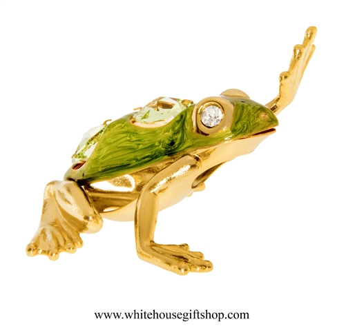 Gold & Green Textured Northern Green Frog Waving Ornament with Mint Green SwarovskiÂ® Crystals