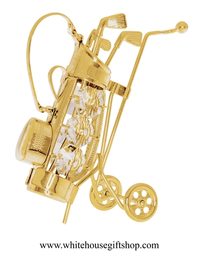 Gold Golf Clubs in Bag Ornament with SwarovskiÂ® Crystals