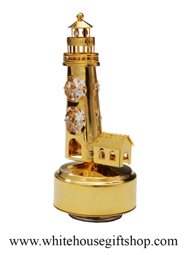 Gold Light House & Cottage Music Box with SwarovskiÂ® Crystals